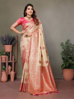 Baby pink viscose silk blend with butties weaving saree with blouse 1