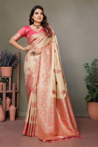 Baby pink viscose silk with butties weaving saree with blouse