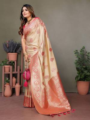 Baby pink viscose silk blend with butties weaving saree with blouse 2