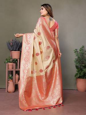 Baby pink viscose silk blend with butties weaving saree with blouse 3