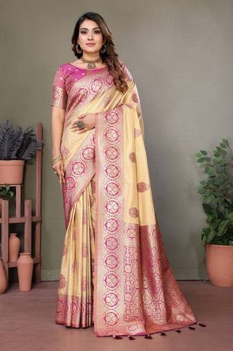 Rani pink viscose silk with butties weaving saree with blouse