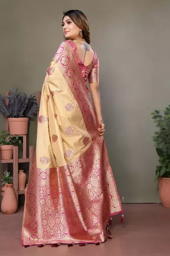 Rani pink viscose silk blend with butties weaving saree with blouse