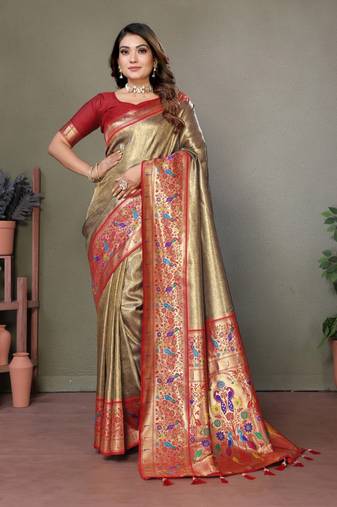 Mehendi tissue silk with paithani woven saree with blouse