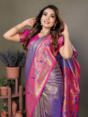Lavender tissue silk blend with paithani woven saree with blouse 4
