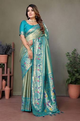 Blue tissue silk with paithani woven saree with blouse
