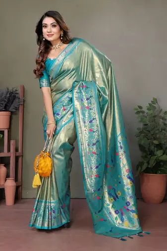 Blue tissue silk blend with paithani woven saree with blouse