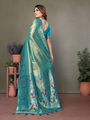Blue tissue silk blend with paithani woven saree with blouse 3