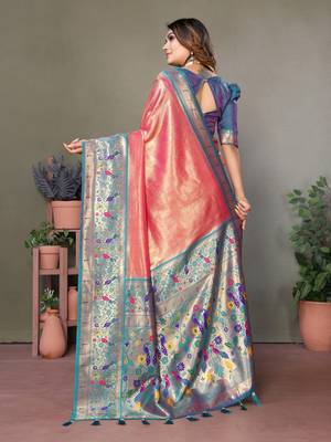 Light pink tissue silk blend with paithani woven saree with blouse 3