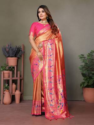 Orange tissue silk blend with paithani woven saree with blouse 1