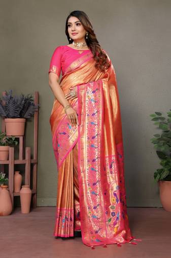 Orange tissue silk with paithani woven saree with blouse