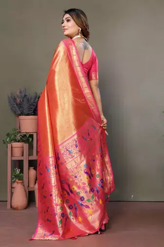 Orange tissue silk blend with paithani woven saree with blouse