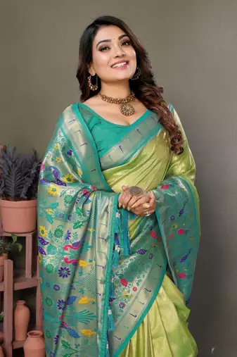Light green tissue silk blend with paithani woven saree with blouse