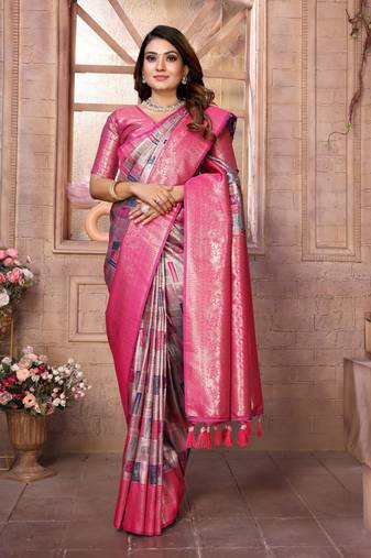 Rani pink banarasi chaturi silk with jari weaving saree with blouse