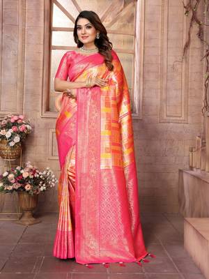Orange banarasi chaturi silk blend with jari weaving saree with blouse 1