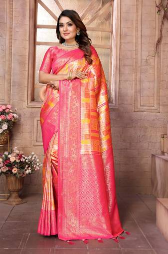 Orange banarasi chaturi silk with jari weaving saree with blouse