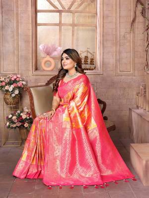Orange banarasi chaturi silk blend with jari weaving saree with blouse 2