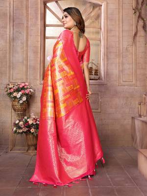 Orange banarasi chaturi silk blend with jari weaving saree with blouse 3