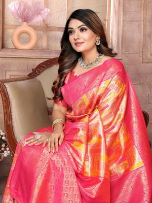 Orange banarasi chaturi silk blend with jari weaving saree with blouse 4