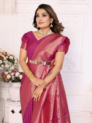 Purple silk blend with zari weaving saree with blouse 4