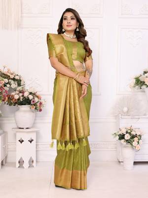Green silk blend with zari weaving saree with blouse 2