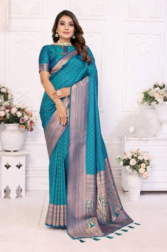 Blue silk with zari weaving saree with blouse