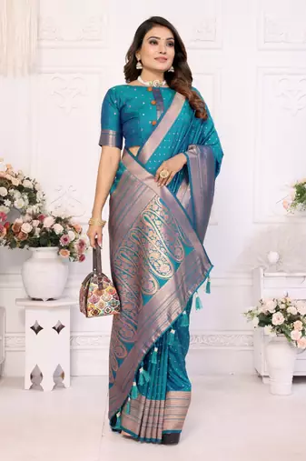 Blue silk blend with zari weaving saree with blouse