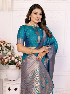 Blue silk blend with zari weaving saree with blouse 4