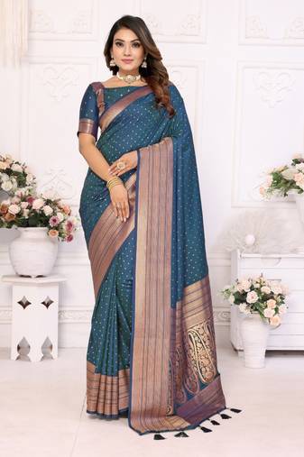 Navy blue silk with zari weaving saree with blouse