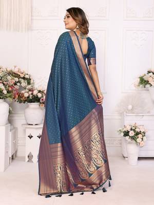 Navy blue silk blend with zari weaving saree with blouse 3