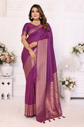 Dark purple silk with zari weaving saree with blouse
