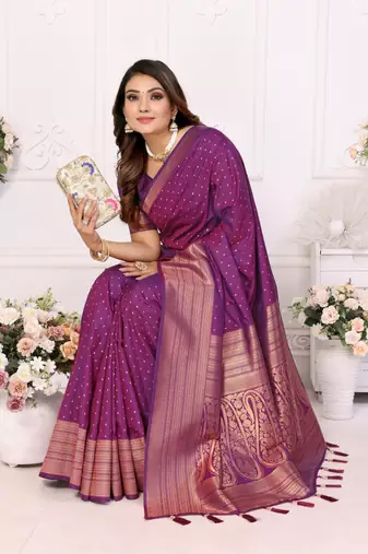 Dark purple silk blend with zari weaving saree with blouse