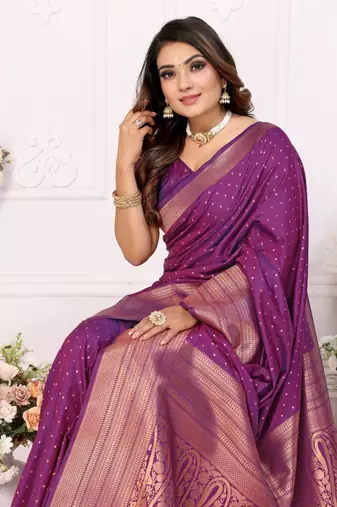 Dark purple silk blend with zari weaving saree with blouse
