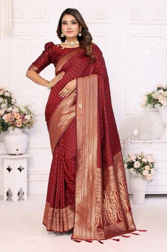 Dark maroon silk with zari weaving saree with blouse