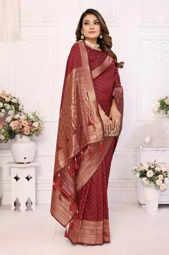 Dark maroon silk blend with zari weaving saree with blouse