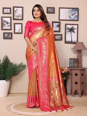 Orange tissue silk blend with weaving saree with blouse 1