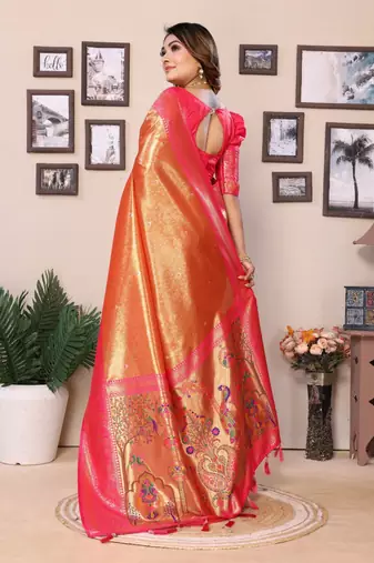 Orange tissue silk blend with weaving saree with blouse