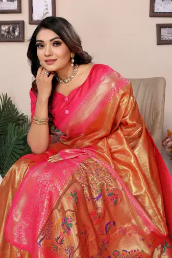 Orange tissue silk blend with weaving saree with blouse