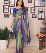 Sea green tissue silk blend with weaving saree with blouse