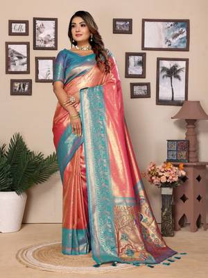 Light red tissue silk blend with weaving saree with blouse 1