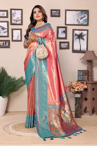 Light red tissue silk blend with weaving saree with blouse