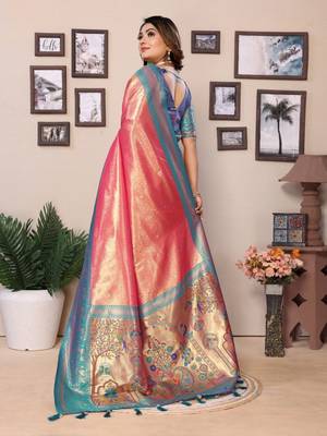 Light red tissue silk blend with weaving saree with blouse 3