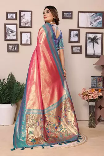 Light red tissue silk blend with weaving saree with blouse