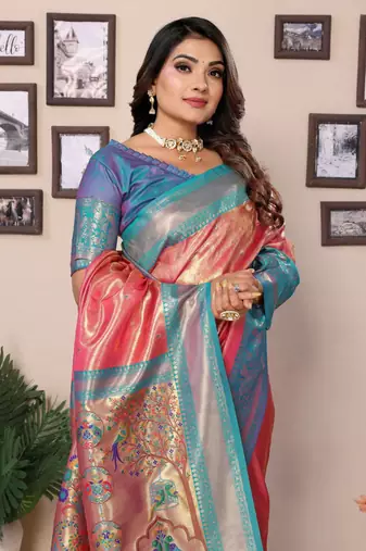Light red tissue silk blend with weaving saree with blouse