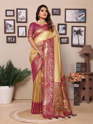 Golden tissue silk blend with weaving saree with blouse 1