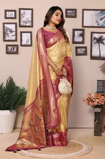 Golden tissue silk blend with weaving saree with blouse