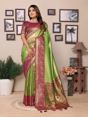 Light green tissue silk blend with weaving saree with blouse 1