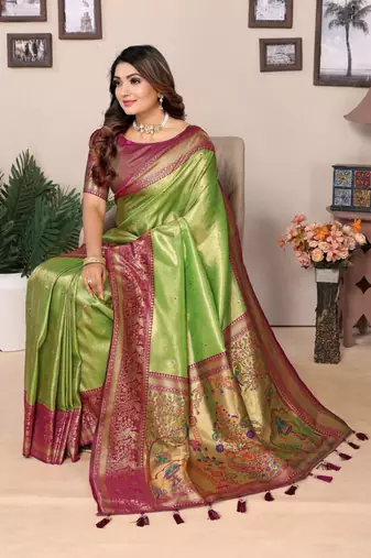 Light green tissue silk blend with weaving saree with blouse
