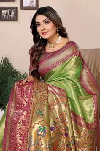 Light green tissue silk blend with weaving saree with blouse