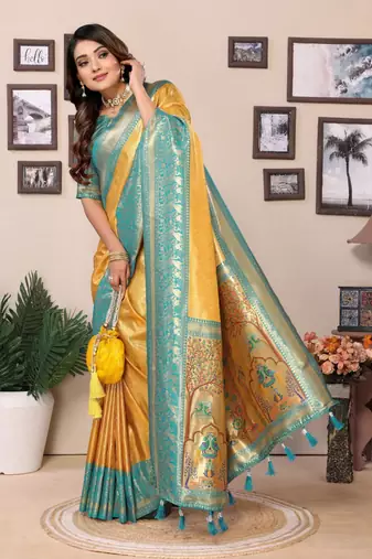 Dark golden tissue silk blend with weaving saree with blouse