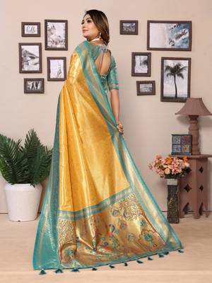 Dark golden tissue silk blend with weaving saree with blouse 3